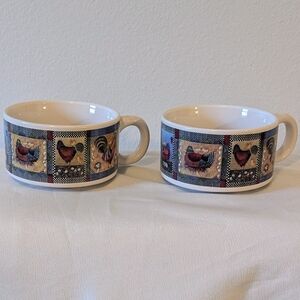 Rooster And Chicken Patterned Ceramic Soup Mugs - Christine Graf Design